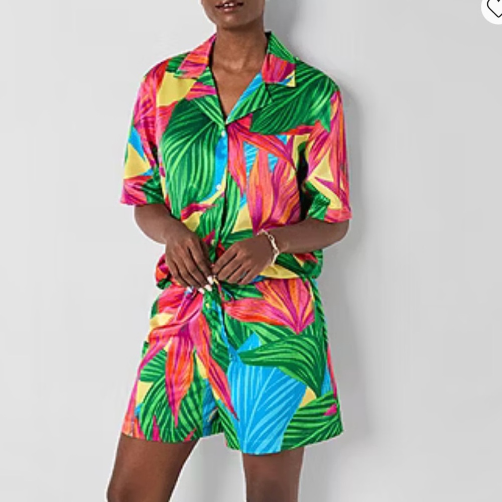 Tropical Print Unisex Short Sleeve Button-Down Shirt and Shorts Set